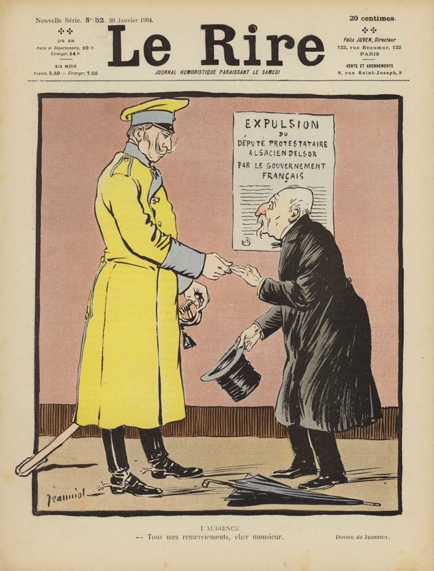 Sátira sobre el abandono de Alsacia por Francia a Alemania. Ilustración para Le Rire de Pierre Georges Jeanniot