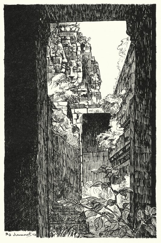 En el Bayon, vistazo a través de un techo caído (grabado) de Pierre Jeannerat de Beerski