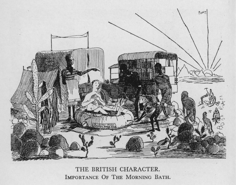 El carácter británico; importancia del baño matutino (litografía) de Pont