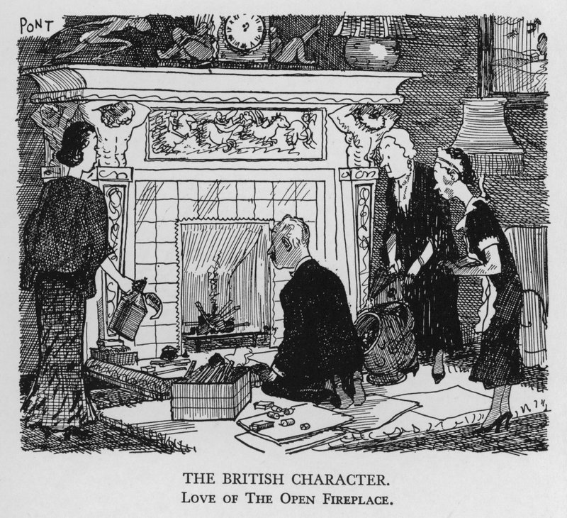 El carácter británico; amor por la chimenea abierta (litografía) de Pont