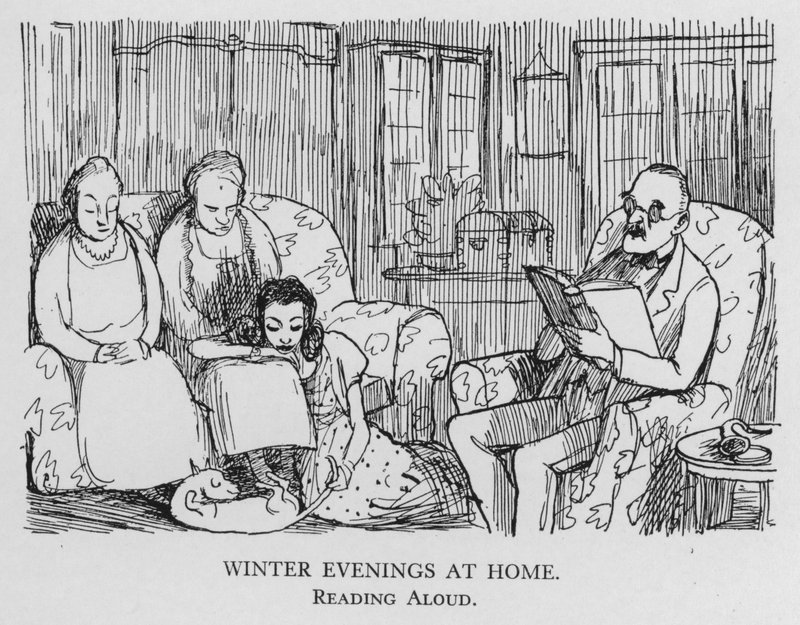 Noches de invierno en casa; lectura en voz alta (litografía) de Pont