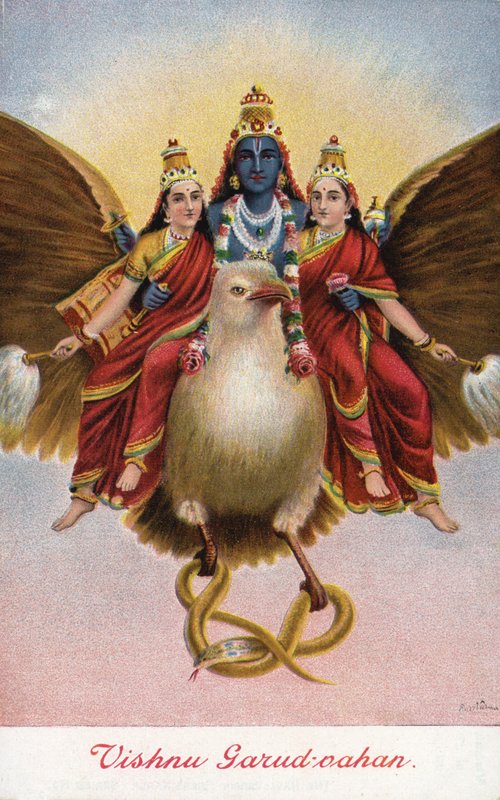 El dios hindú Vishnu, montado en su vehículo Garuda de Raja Ravi Varma