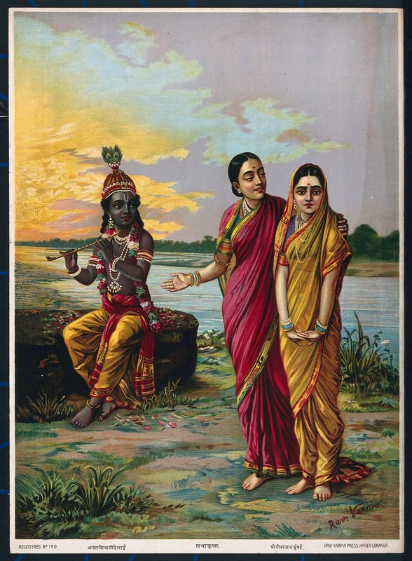 Krishna declarando su amor a Radha a través de un confidente, después de 1900 (litografía en color) de Raja Ravi Varma