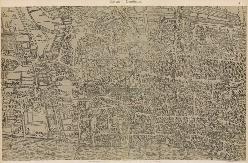Civitas Londinium, del levantamiento original en la Biblioteca del Guildhall, del reinado de la Reina Isabel de Ralph Agas