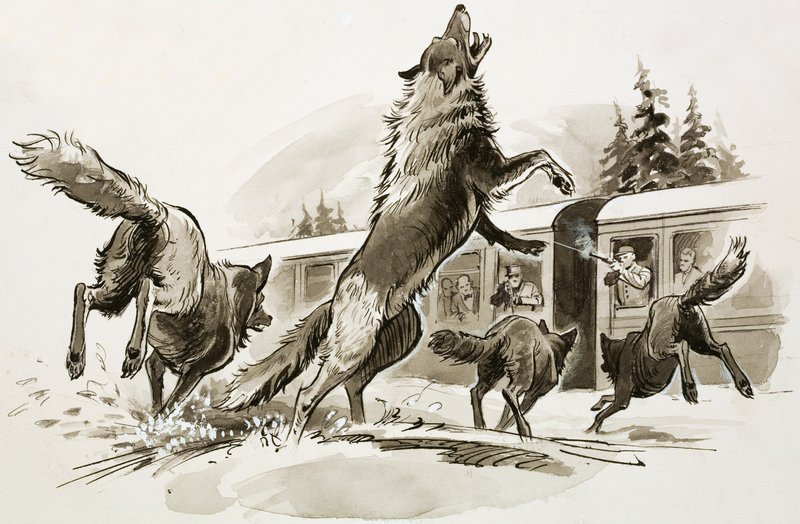 Pasajeros de un tren nevado luchan contra lobos hambrientos (gouache sobre papel) de Ralph Bruce