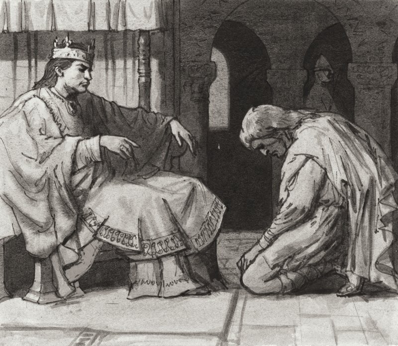 Walteof, conde de Northumbria ante el rey Guillermo I (gouache sobre papel) de Ralph Bruce
