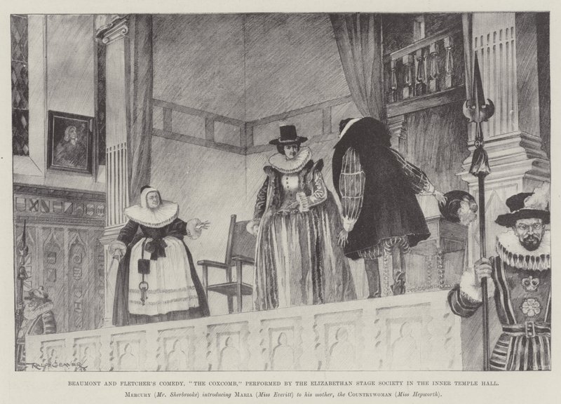 Comedia de Beaumont y Fletcher, El Coxcomb, interpretada por la Sociedad de Escenario Isabelino en el Inner Temple Hall de Ralph Cleaver
