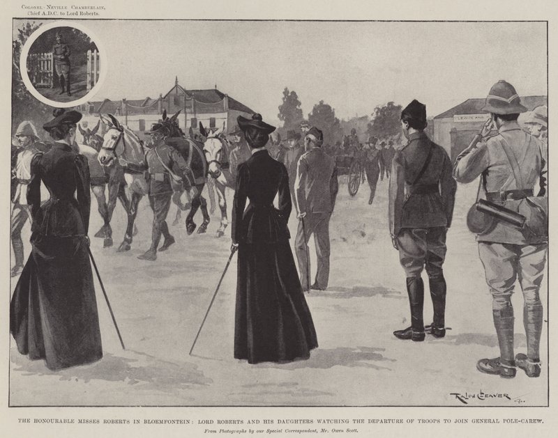 Las Honorables Señoritas Roberts en Bloemfontein, Lord Roberts y sus Hijas Observando la Partida de las Tropas para unirse al General Pole-Carew de Ralph Cleaver
