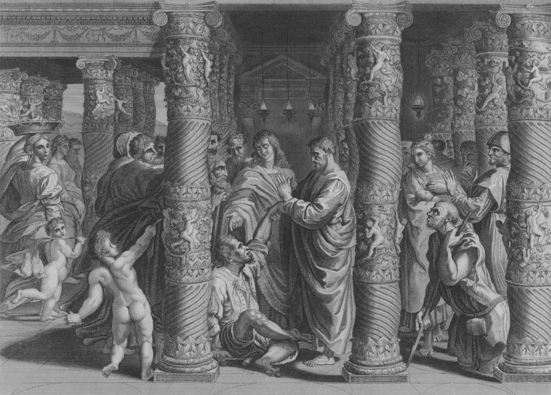 Pedro y Juan en la Puerta Hermosa, Hechos 3, Versículo 1-12 (grabado) de after Raphael