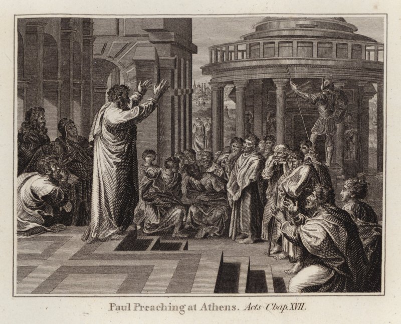 Cartón de Rafael: Pablo Predicando en Atenas, Hechos, Capítulo XVII (grabado) de after Raphael