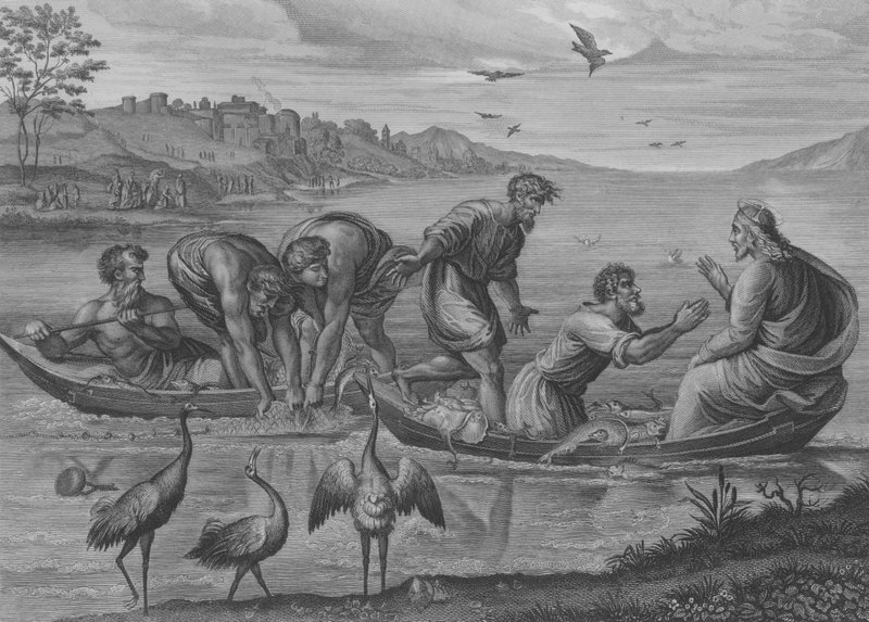 La pesca milagrosa, San Lucas 5, Versículo 1-12 (grabado) de after Raphael