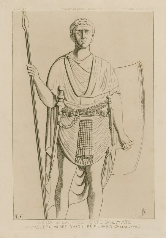 Soldado de la IV cohorte Dalmata. Bajo relieve del Museo de Artillería en París. Dibujo inédito. Trajes militares - infantería - Imperio de Occidente. de Raphael Jacquemin