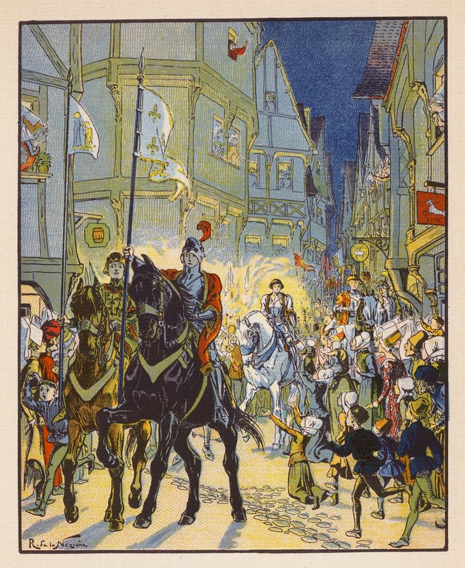 Entree De Jeanne A Orleans (litografía en color) de Raymond de la Neziere