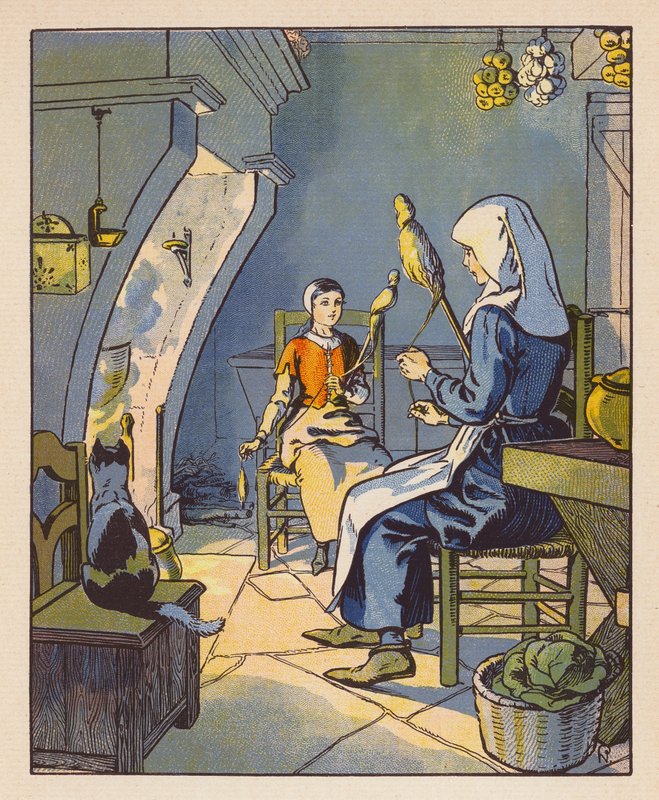 Jeanne A Domremy Avec Sa Mere (litografía en color) de Raymond de la Neziere