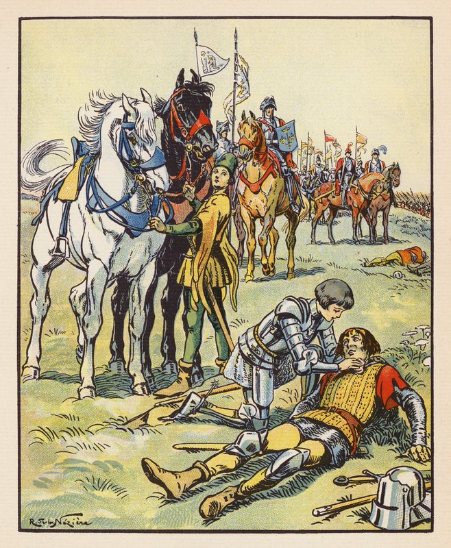 Juana cuida de un inglés herido tras la batalla de Patay (litografía en color) de Raymond de la Neziere
