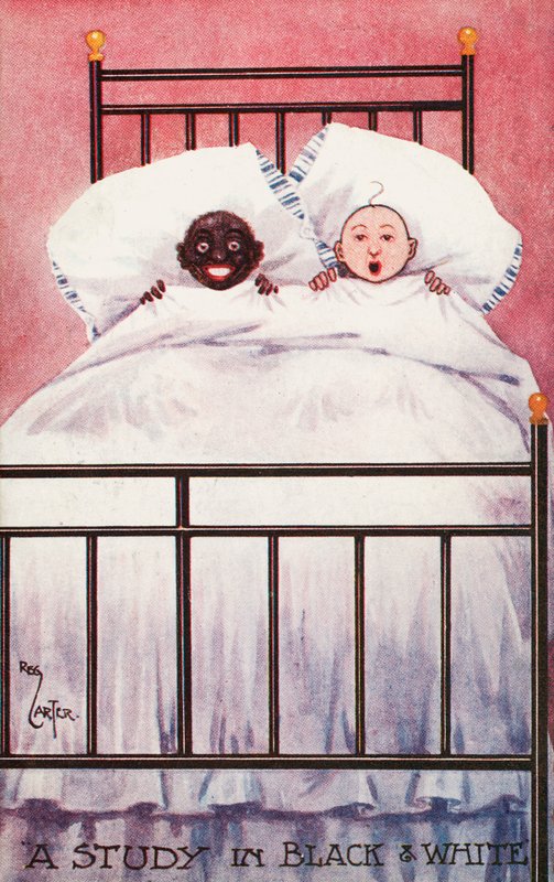 Niños en blanco y negro en una cama (litografía en color) de Reg Carter