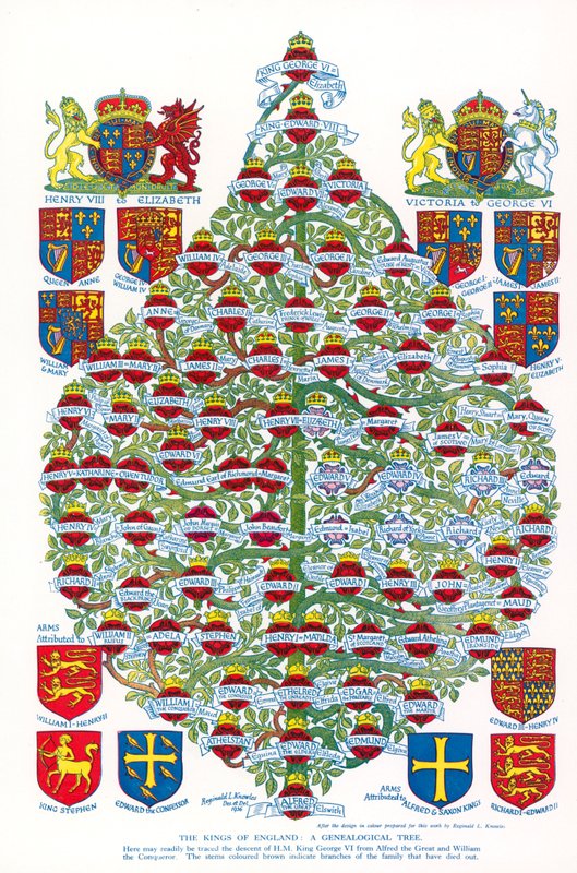 The Kings Of England, A Genealogical Tree (litografía en color) de Reginald & Horace (1884 1954) Knowles