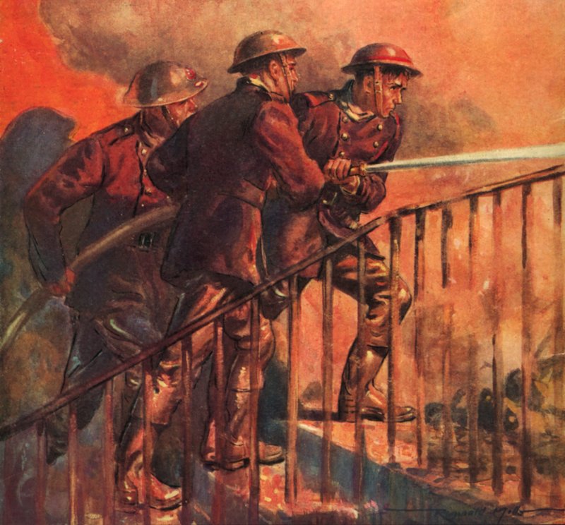 Bomberos británicos del Servicio Nacional de Bomberos en tiempos de guerra luchando contra un incendio durante el Blitz, Segunda Guerra Mundial. de Reginald Mills