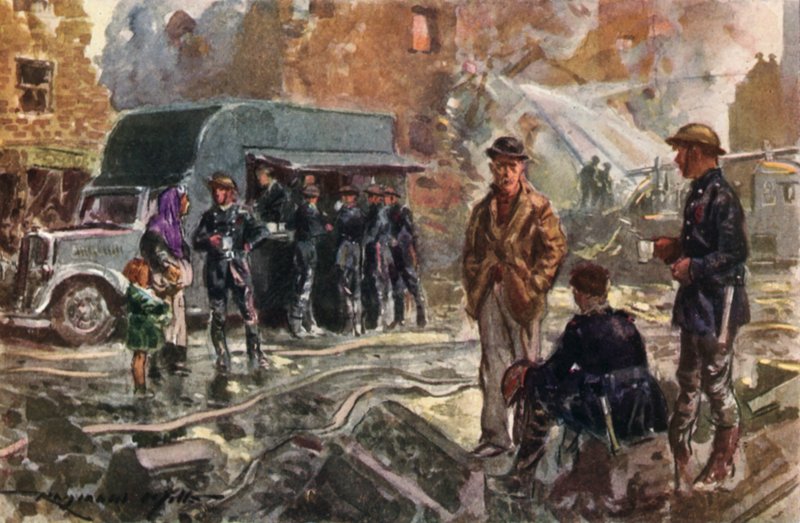 Bomberos del Servicio Nacional de Bomberos Británico en tiempos de guerra utilizando una cantina móvil durante el Blitz, Segunda Guerra Mundial. de Reginald Mills