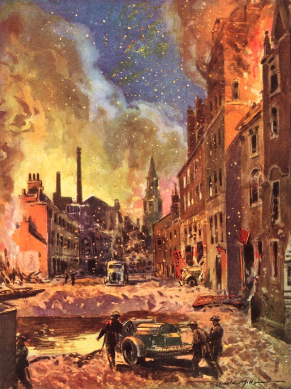 Bomberos del Servicio Nacional de Bomberos Británico en tiempos de guerra inspeccionando un gran cráter de bomba durante el Blitz, Segunda Guerra Mundial. de Reginald Mills