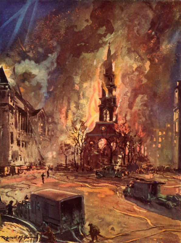 Iglesia de San Clemente Danés, Strand, Londres, en llamas durante el Blitz, Segunda Guerra Mundial de Reginald Mills