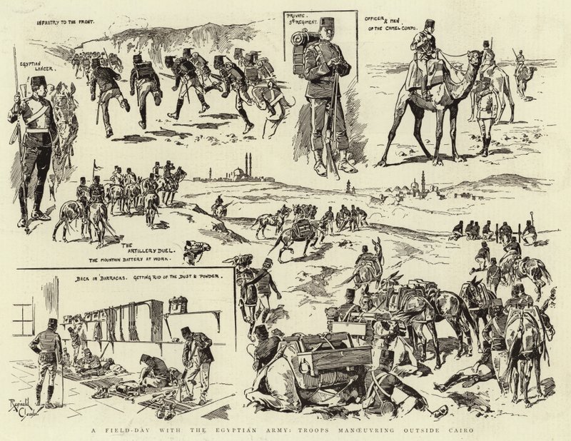 Un día de campo con el ejército egipcio, tropas maniobrando en las afueras de El Cairo (grabado) de Reginald Thomas Cleaver