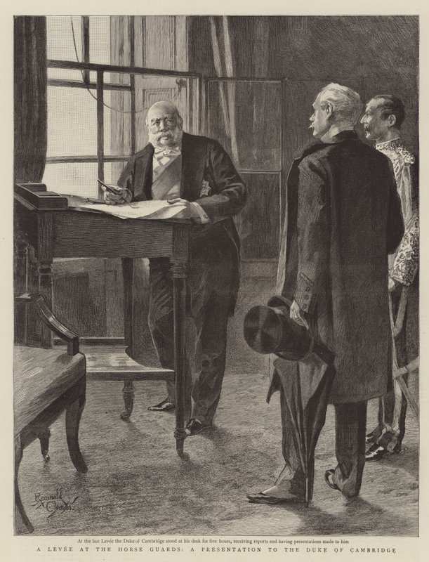 Un dique en los Horse Guards, una presentación al Duque de Cambridge (grabado) de Reginald Thomas Cleaver