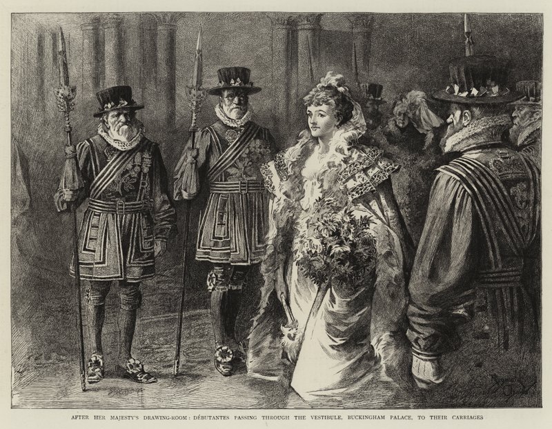 Después de la Sala de Dibujo de Su Majestad, Debutantes pasando por el Vestíbulo, Palacio de Buckingham, hacia sus Carruajes (grabado) de Reginald Thomas Cleaver