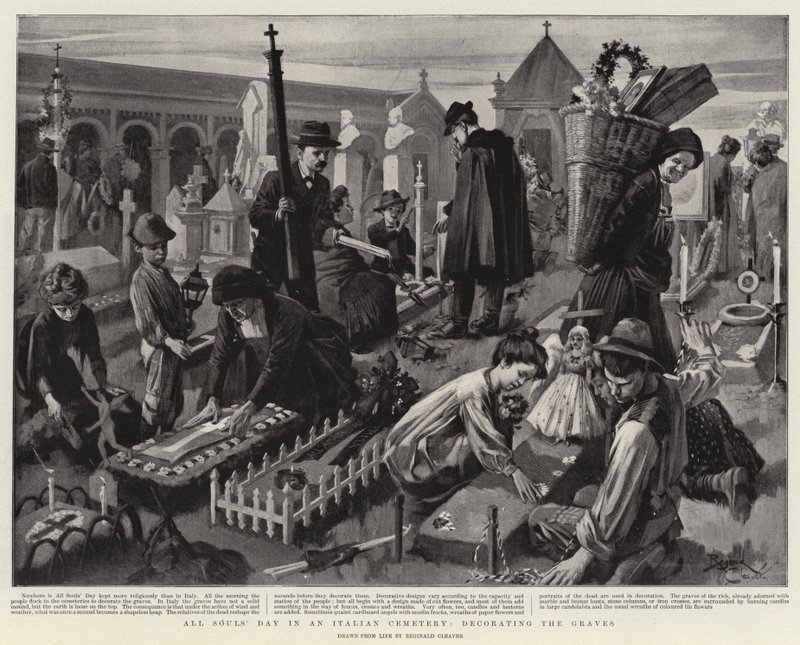 Día de Todos los Santos en un cementerio italiano, decoración de las tumbas (litografía) de Reginald Thomas Cleaver