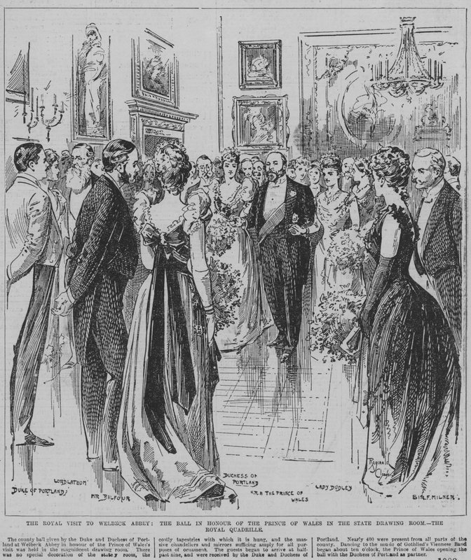 Bailando la Cuadrilla Real en el baile celebrado en honor del Príncipe de Gales en el salón de estado de la Abadía de Welbeck, Nottinghamshire. de Reginald Thomas Cleaver