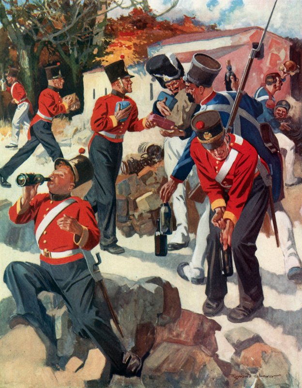 Entente Cordiale - Tropas inglesas y francesas compartiendo regalos durante la campaña de Wellington en la Península (litografía en color) de Reginald Thomas Cleaver