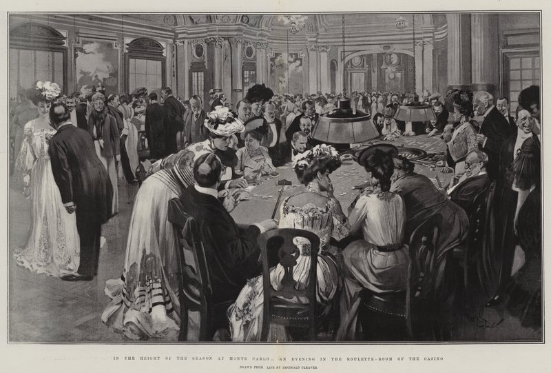 En plena temporada en Montecarlo, una velada en la sala de la ruleta del casino (litografía) de Reginald Thomas Cleaver