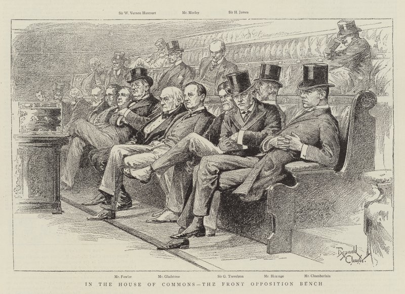 En la Cámara de los Comunes, la primera bancada de la oposición (litografía) de Reginald Thomas Cleaver