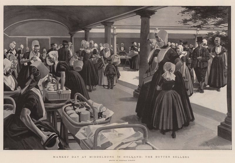 Día de mercado en Middelburg en Holanda, los vendedores de mantequilla (litografía) de Reginald Thomas Cleaver