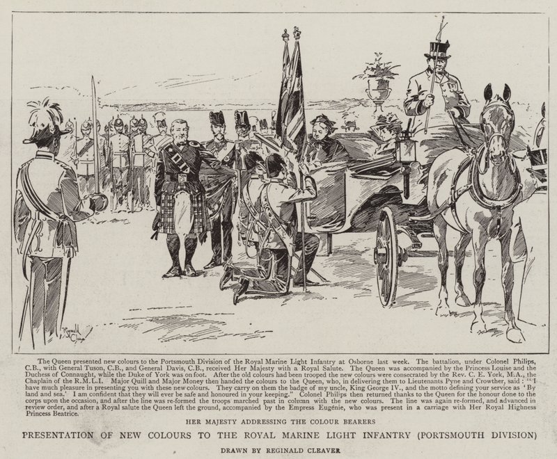 Presentación de los nuevos colores a la Real Infantería Ligera de Marina, División Portsmouth (litografía) de Reginald Thomas Cleaver