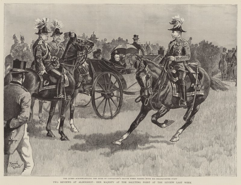 La Reina Victoria en el punto de saludo en la revisión de la semana pasada (grabado) de Reginald Thomas Cleaver