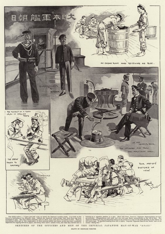 Bocetos de los oficiales y hombres del buque de guerra imperial japonés "Asahi" (litografía) de Reginald Thomas Cleaver