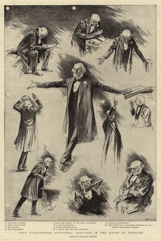 Algunas actitudes gladstonianas, esbozos en la Cámara de los Comunes (grabado) de Reginald Thomas Cleaver