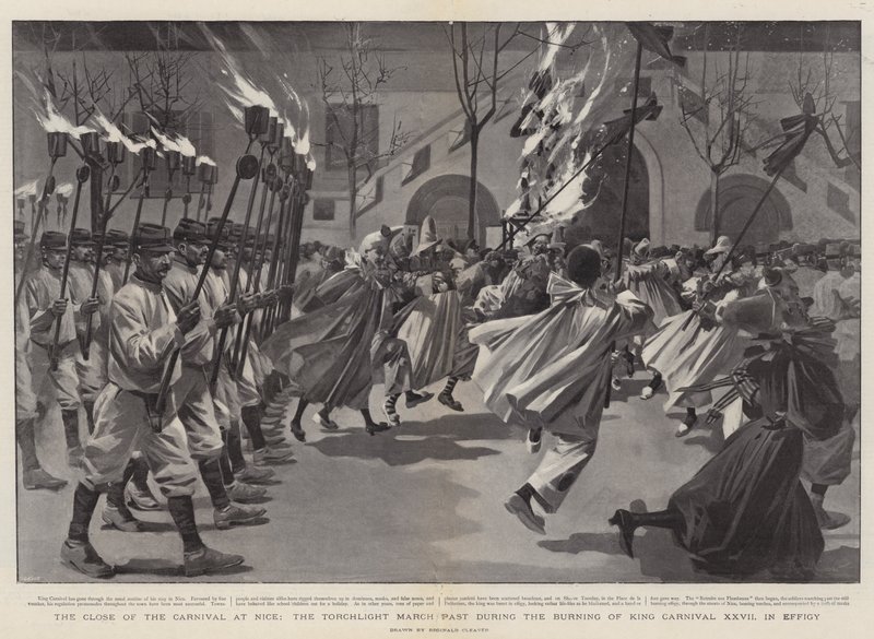 La clausura del Carnaval de Niza, la marcha de las antorchas durante la quema en efigie del Rey Carnaval XXVII (grabado) de Reginald Thomas Cleaver