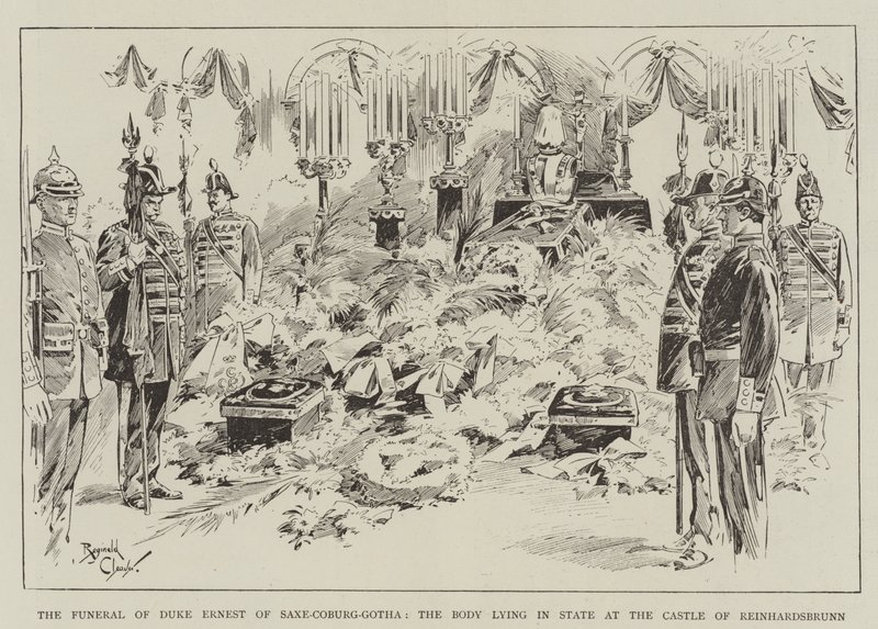 El funeral del duque Ernesto de Sajonia-Coburgo-Gotha, el cuerpo yace en el castillo de Reinhardsbrunn (grabado) de Reginald Thomas Cleaver
