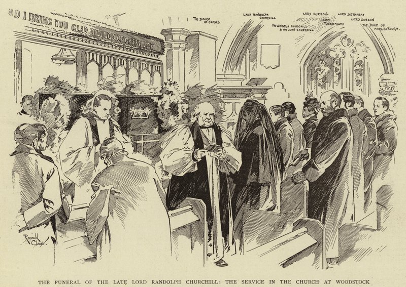 El funeral del difunto Lord Randolph Churchill, el servicio en la iglesia de Woodstock (litografía) de Reginald Thomas Cleaver