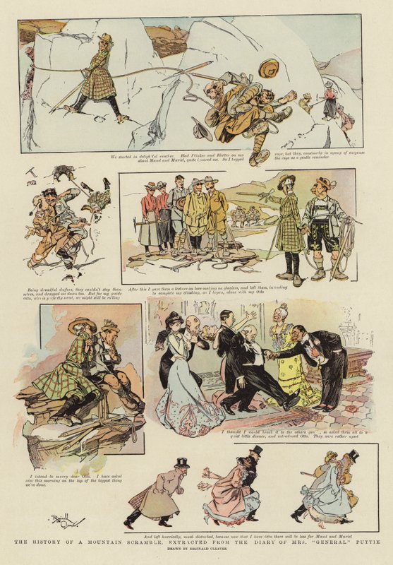 La historia de una travesía de montaña, extraída del diario de la Sra. del "General" Puttie (litografía en color) de Reginald Thomas Cleaver