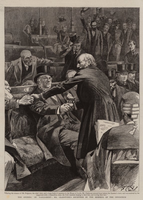 Apertura del Parlamento, recepción del Sr. Gladstone por los miembros de la oposición (grabado) de Reginald Thomas Cleaver