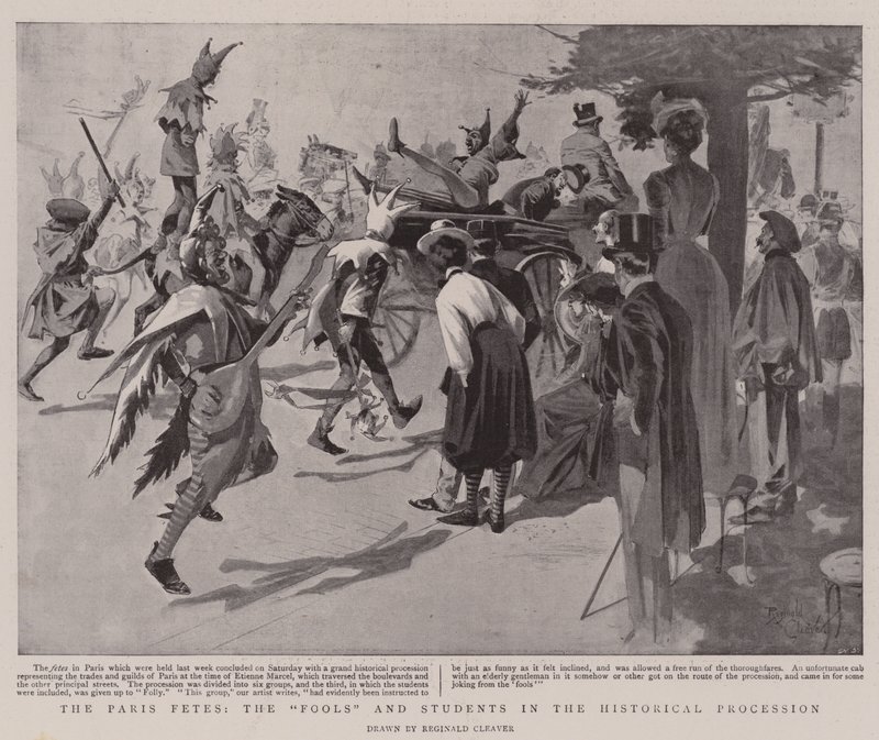 Las Fetes de París, los "locos" y los estudiantes en el desfile histórico (litografía) de Reginald Thomas Cleaver