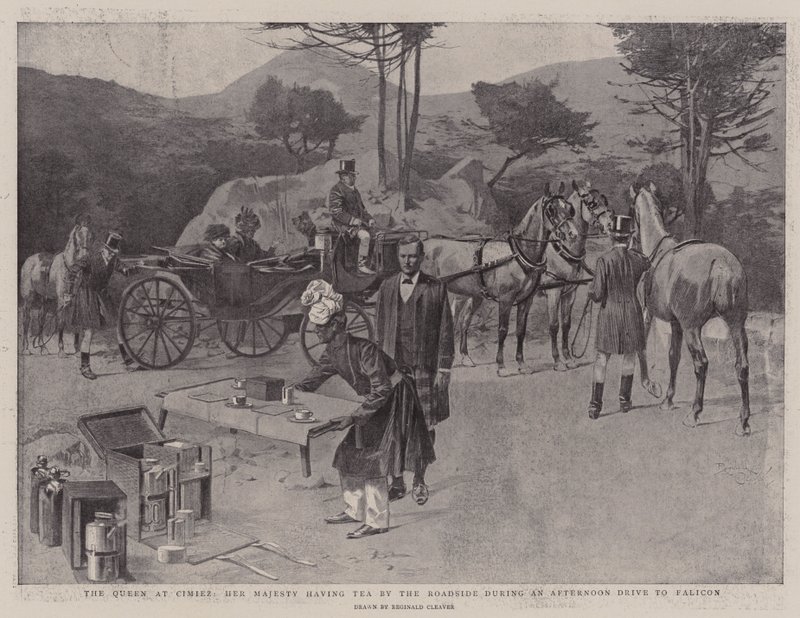 La Reina en Cimiez, Su Majestad tomando el té al borde de la carretera durante un paseo vespertino a Falicon (litografía) de Reginald Thomas Cleaver