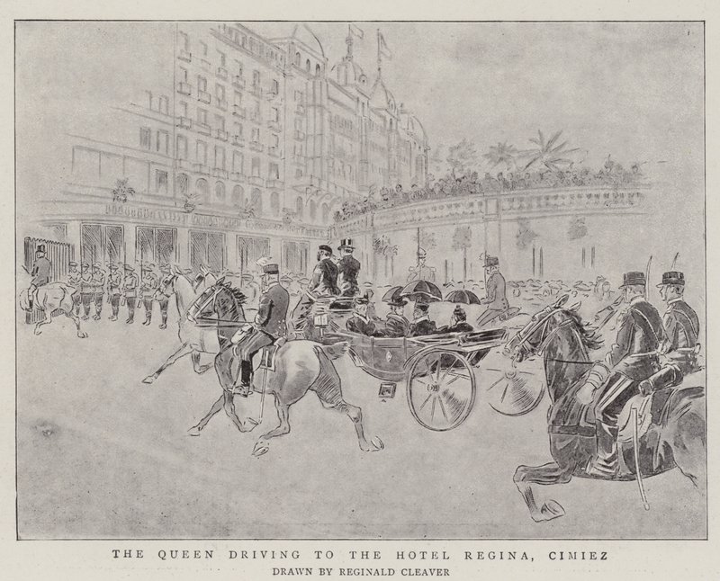 La Reina conduciendo hacia el Hotel Regina, Cimiez (grabado) de Reginald Thomas Cleaver