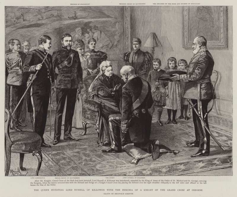 La Reina inviste a Lord Russell de Killowen con la Insignia de Caballero de la Gran Cruz en Osborne (grabado) de Reginald Thomas Cleaver