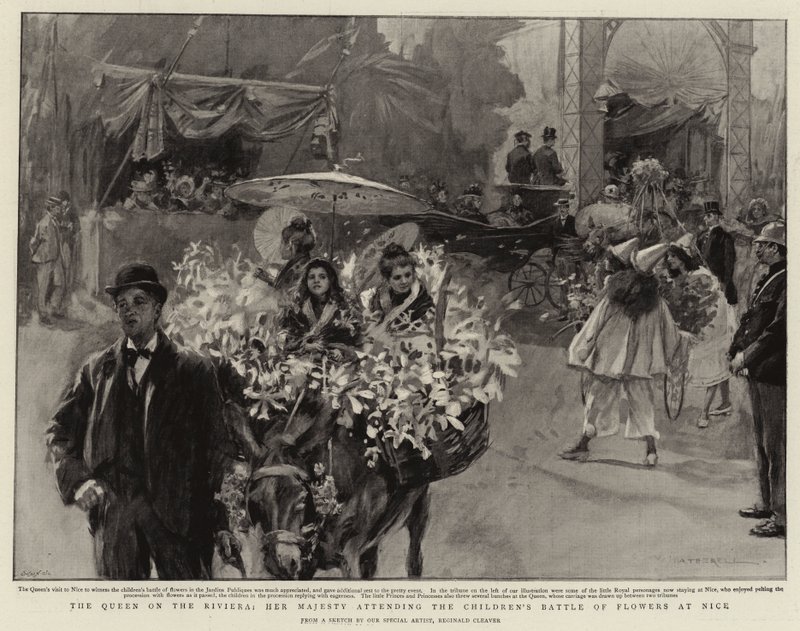 La Reina en la Riviera, Su Majestad asistiendo a la Batalla de Flores Infantil en Niza (litografía) de Reginald Thomas Cleaver