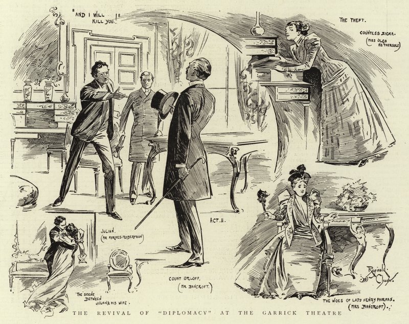 La reposición de "Diplomacia" en el Teatro Garrick (litografía) de Reginald Thomas Cleaver