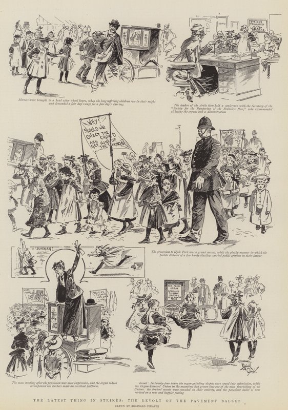 Lo último en huelgas, la revuelta del ballet sobre pavimento (grabado) de Reginald Thomas Cleaver